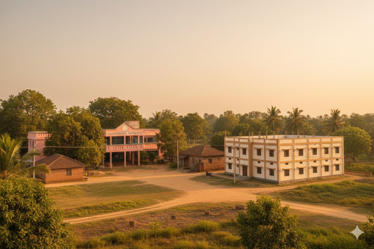 School building and nearby residential hostel for boys in rural Odisha
