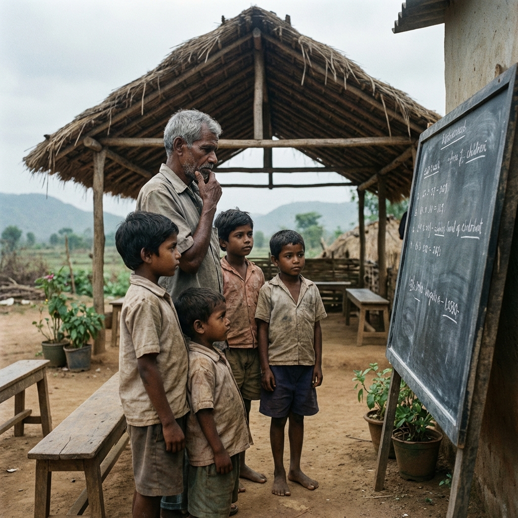 Teacher with village children in a thoughtful moment